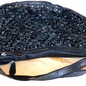 Womens Black Hobo Shoulder Bag Genuine Leather 3D Floral